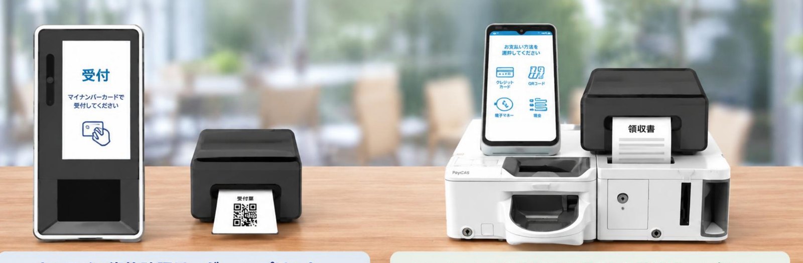 受付(オンライン資格確認リーダー+プリンター)と会計(PayCAS決済端末+プリンター+自動釣銭機)の機器構成