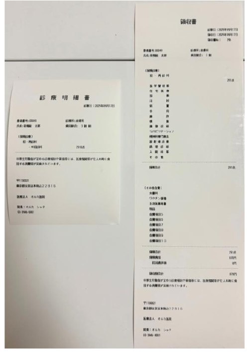 印字された領収書と診療明細書